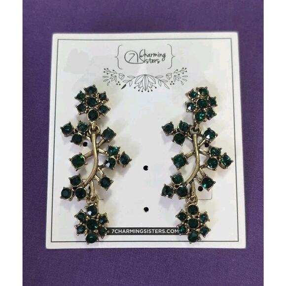 Green Rhinestone Crystal Flower Chandelier Dangle Earrings Antiqued Gold Tone - Picture 3 of 8